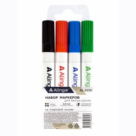 Набор маркеров для белых досок Alingar, 4 цвета, (красный, синий, черный,зеленый), пулевидный, 2 мм, ПВХ пенал с европодвесом фото 1
