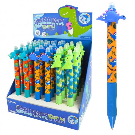 Ручка гелевая пиши-стирай, автомат. Yalong, "Dino",0,5 мм, синяя, игольч. наконечник, резин.грип, круглый цв. пластик. корпус, картон. корб. фото 1
